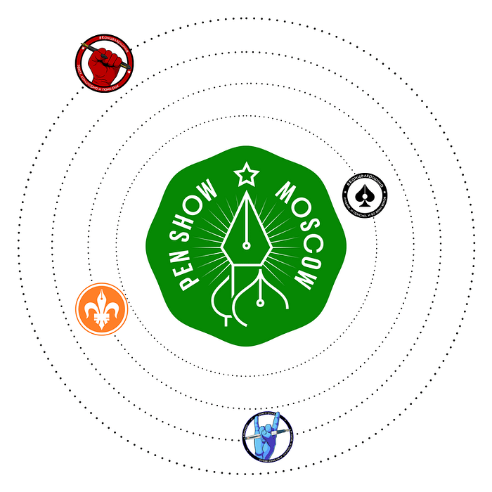 Но изображении в центре крупный логотип выставки Moscow Pen Show 2019, а вокруг него нарисованы орбиты, и будто по ним вращаются фирменные логотипы Канцмена, Канцелярщины, канцелярских демона-искусители и духа просвещения